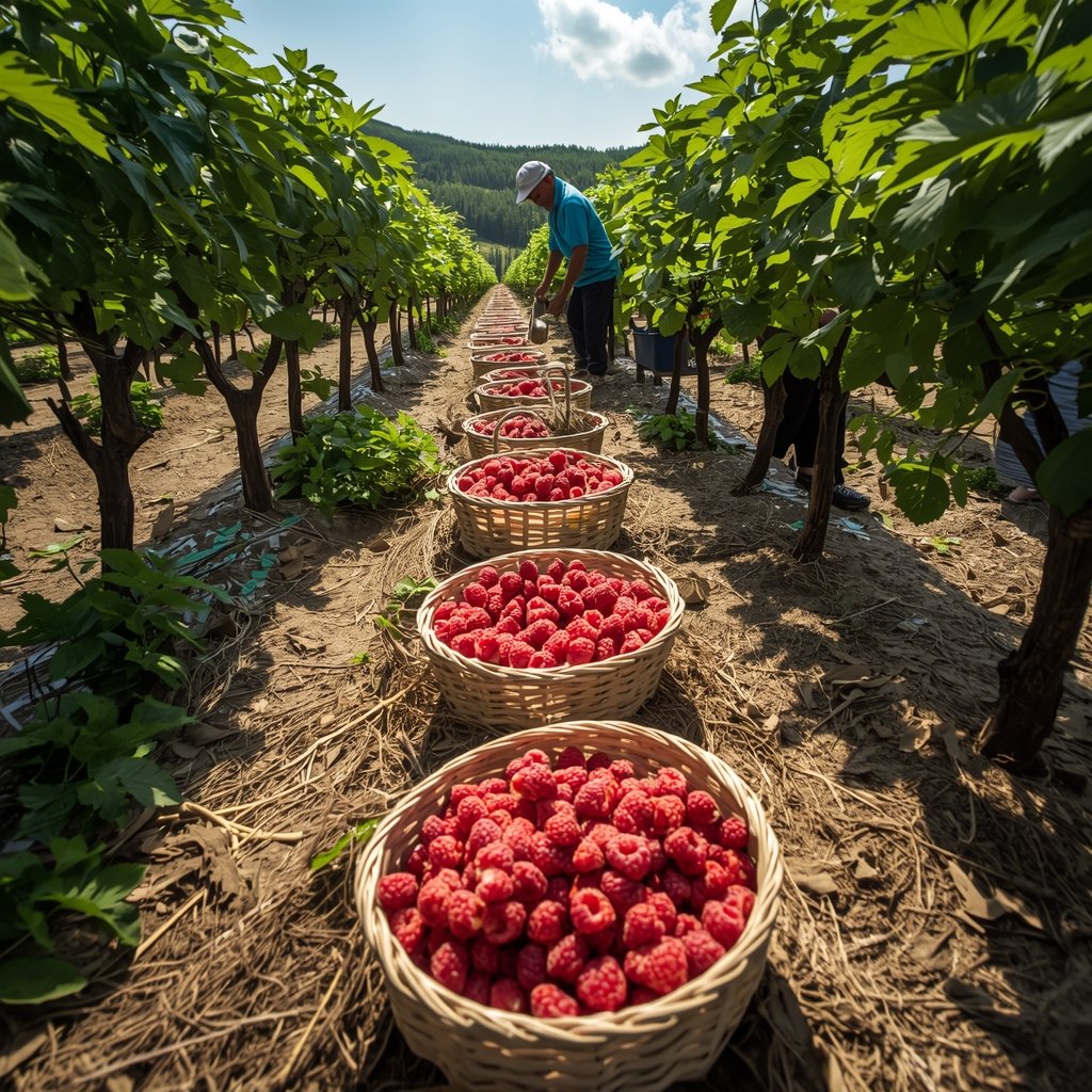 Radnici beru maline u malinjaku tokom sezone